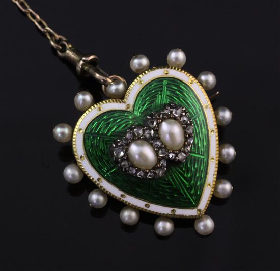 A late Victorian gold, two colour enamel and seed pearl heart shaped locket pendant brooch, 1in.